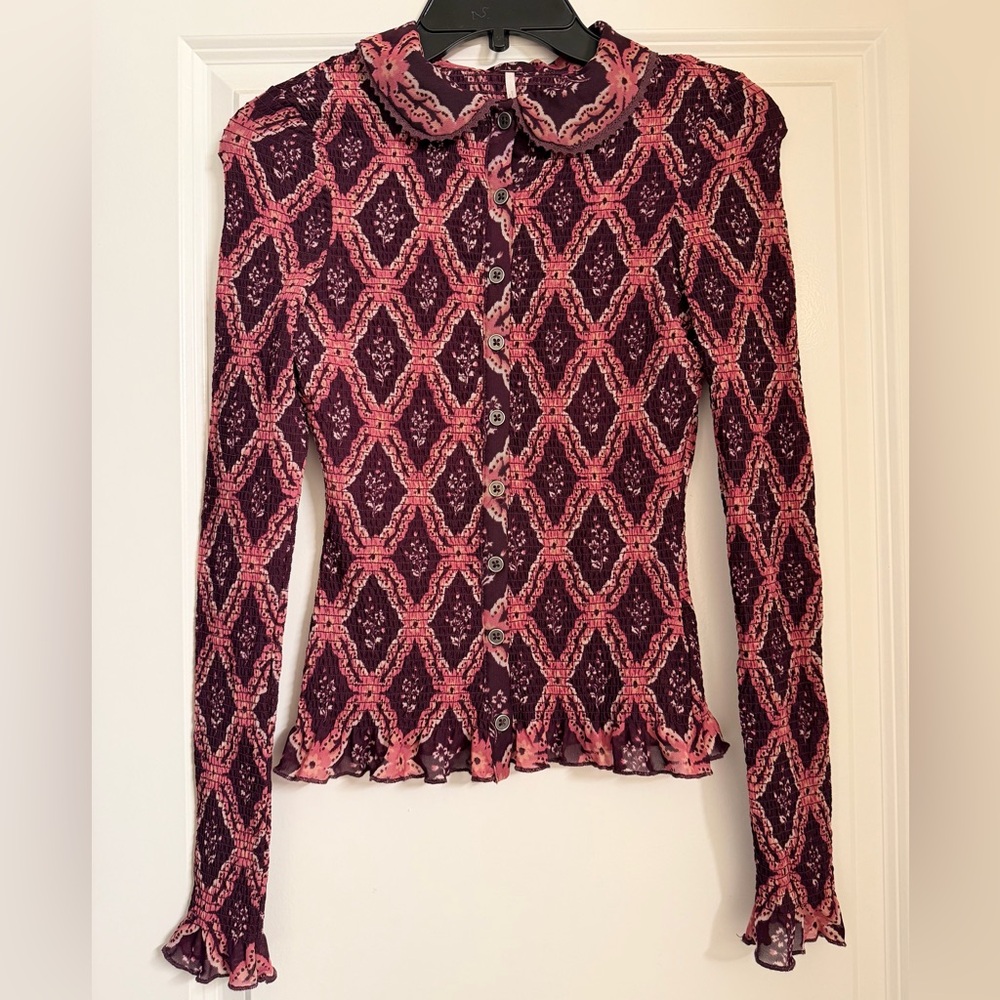 Free People Pink and Black Patterned Button-Up Cardigan